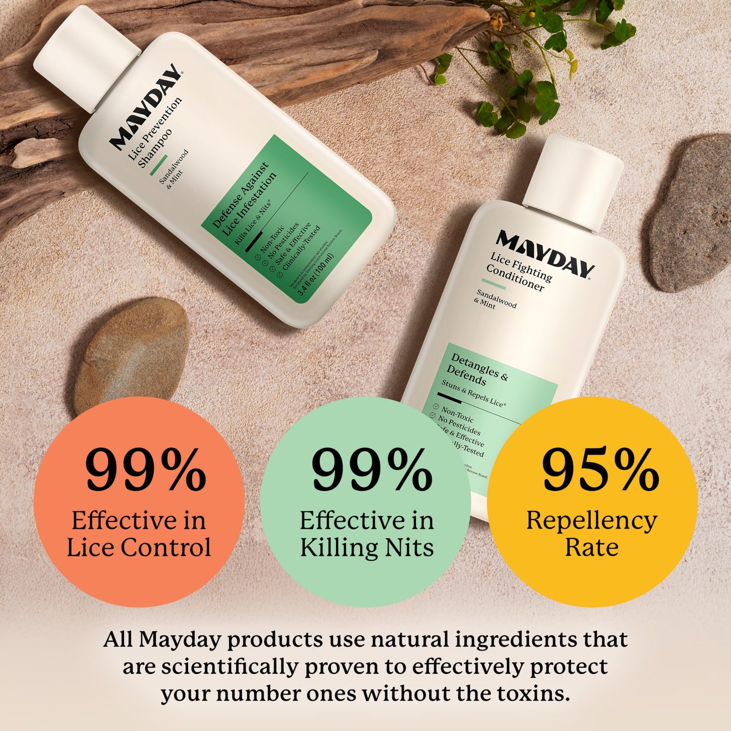 MAYDAY 3.4oz Lice Prevention Shampoo & Lice Fighting Conditioner Bundle - Sandalwood & Mint, Non-Toxic, Pesticide-Free, Scientifically Proven Treatment & Defense Against Lice, Safe for All Hair Types