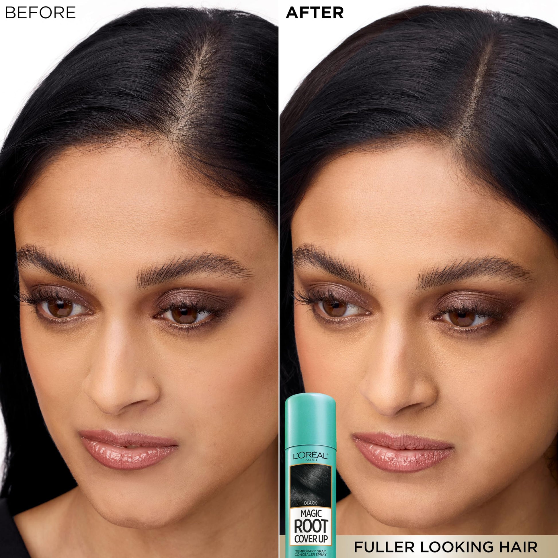 Black L'Oreal Paris Root Cover Up Temporary Gray Concealer Spray, Hair Color Spray with Filling & Thickening Coverage, Dark Brown, Packaging May Vary