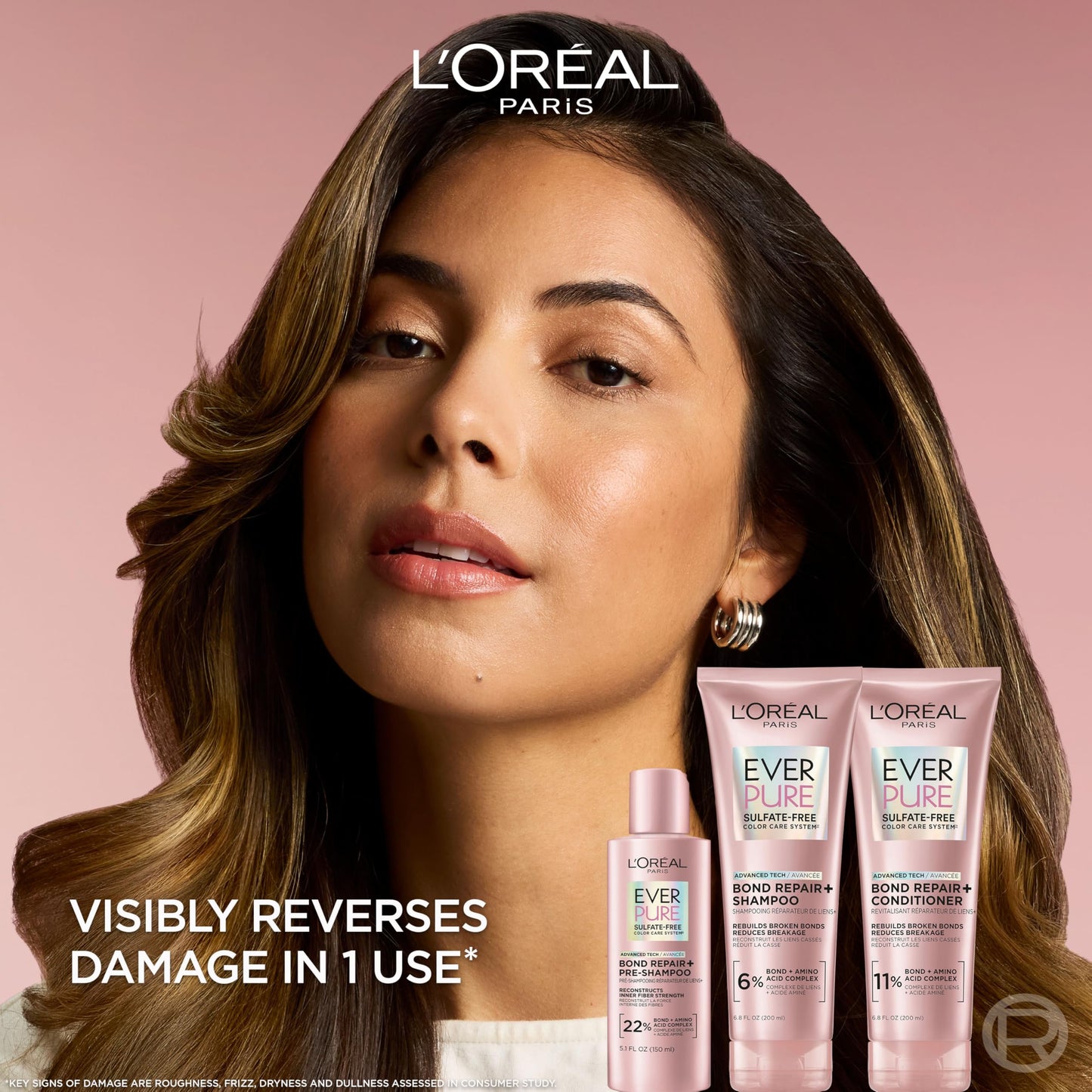 Tan L'Oreal Paris Sulfate Free Bond Repair+ Shampoo, Hair Shampoo with Bond + Amino Acid Complex, Strengthens and Repairs Damaged or Color Treated Hair, EverPure, 6.8 Fl Oz (Packaging May Vary)