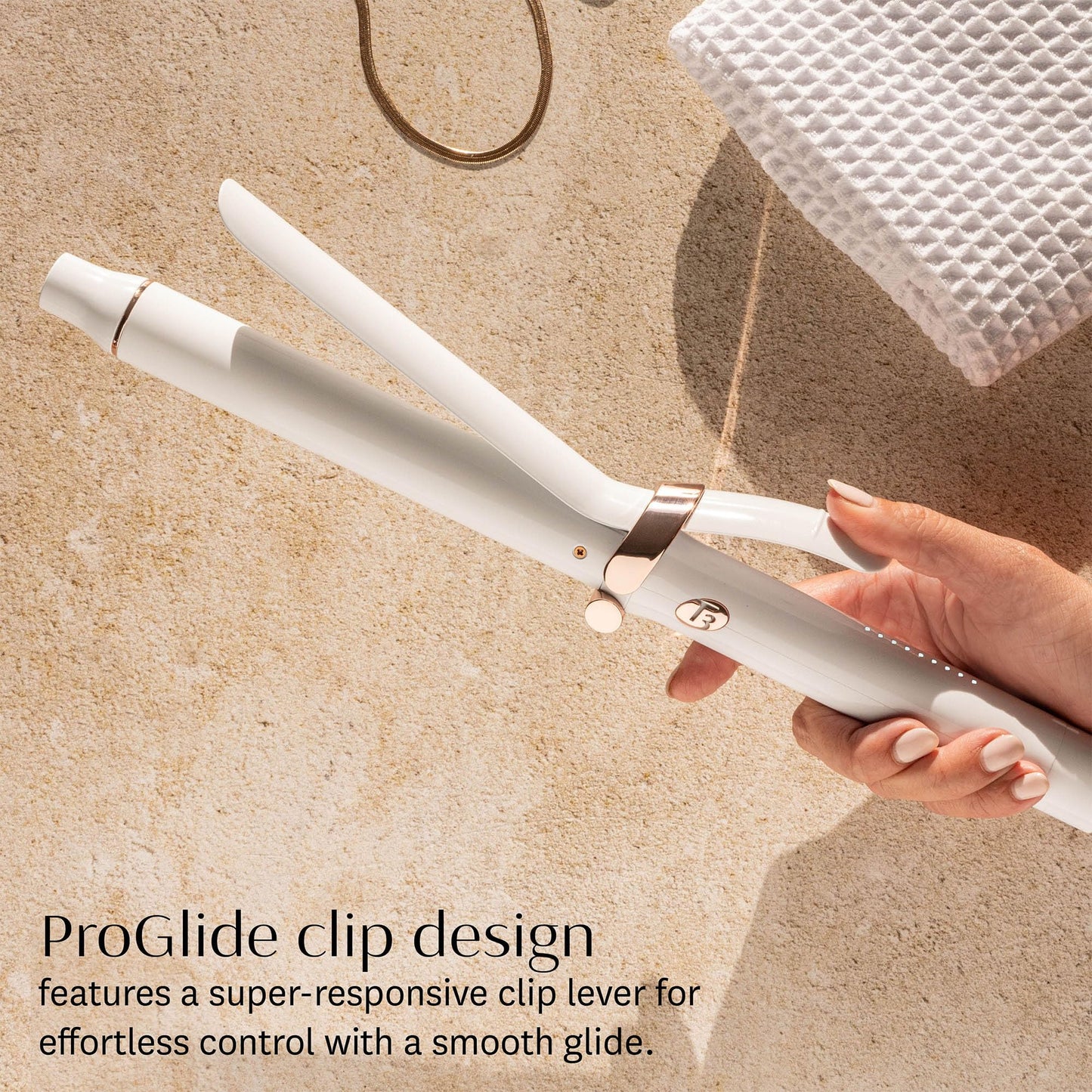 Tan T3 SinglePass Curl X Extra-Long Barrel Curling Iron with 9 Heat Settings and Ceramic Barrel for Fast Styling and Lasting Results on All Hair Types