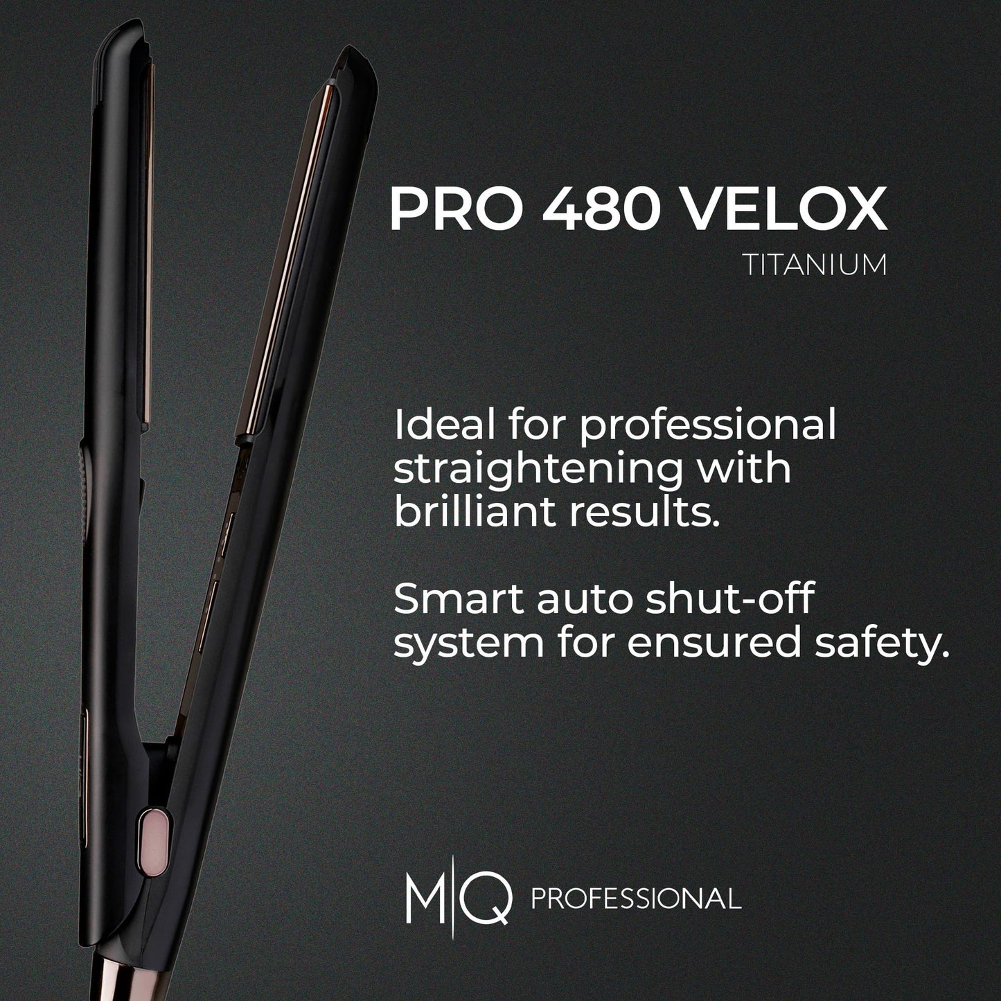 MQ Hair - Lisseur professionnel Pro 480 Velox - Fer plat, plaques en titane avancées, chauffage rapide, résultats dignes d'un salon, sécurité renforcée - Design ergonomique élégant - Noir