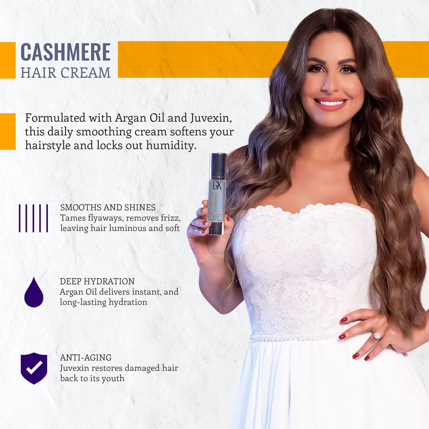 Crème coiffante et lissante sans rinçage GK HAIR Global Keratin Cashmere (50 ml) Huile d'argan pour une brillance lisse et anti-frisottis, hydrate et répare les cheveux secs, abîmés et difficiles à coiffer