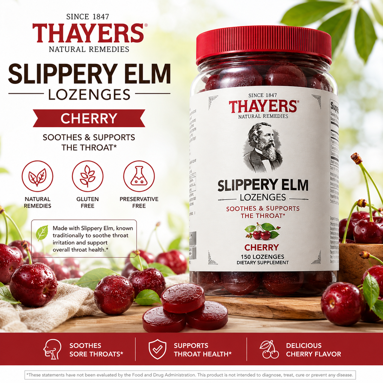White Smoke Thayers Slippery Elm Lozenges, Cherry, 150 Count