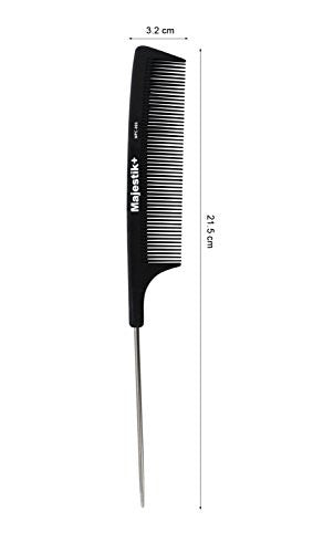 Majestik+ Hair Comb- A Professional Carbon Fibre Metal-Pin Tail Comb Strength & Durability, Fine Tooth, Black, With Bespoke PVC Product Pouch Metal-Pin Tail