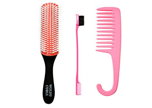 SpeedSavings Brosse à coussin en nylon à 9 rangées version 2 pour cheveux bouclés avec contrôle des bords et peigne démêlant (brosse à coussin + contrôleur de bord)