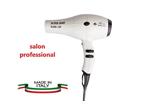 Nano 5500 White Super Light Salon Professional Hair Dryer | 2000 Watt Lightweight Italian Powerful Blow Dryer |1LB| Quiet, Brushless Motor, Multiple Settings w/Cool Finishing Blast & Dual Nozzles