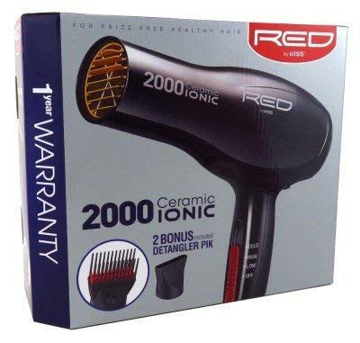 Red by Kiss 2000 Ceramic Ionic Hair Blow Dryer 2 Bonus Detangler Pik included Professional 3 Setting Heat Speed