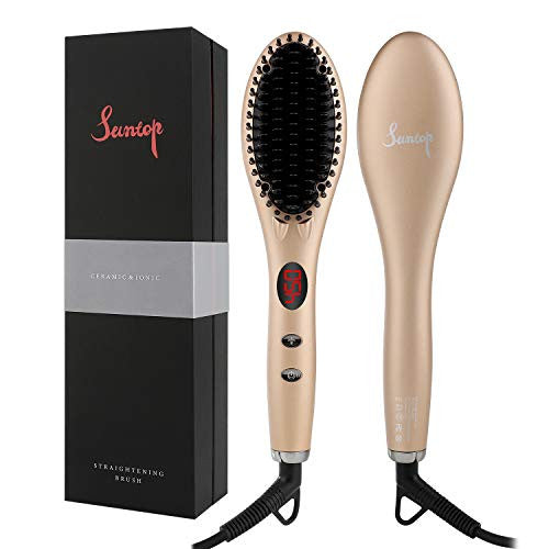 Brosse à lisser les cheveux 2.0, brosse à lisser ionique professionnelle SUNTOP, lissage et nettoyage rapides, peigne électrique anti-brûlure pour la maison et les voyages, style Nature (or)