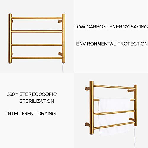 BILLY'S HOME Sèche-serviettes électrique, tour chauffante électrique en acier inoxydable 304 avec 4 barres chauffantes, montage mural pour salle de bain, or 450 × 540 × 125 mm, plug-in