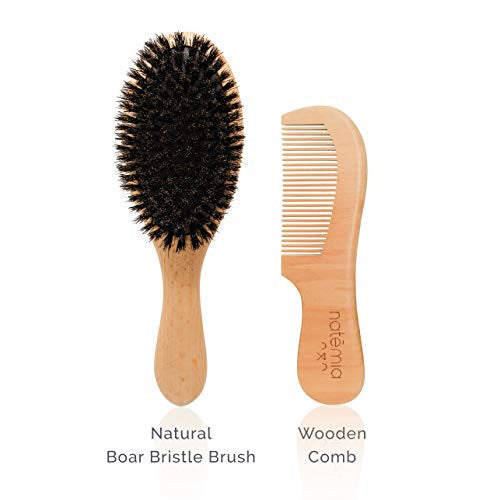 Natemia Ensemble brosse à cheveux et peigne en bois en poils de sanglier pour femmes, hommes et enfants – Idéal pour les cheveux fins et normaux – Ajoute de la brillance et améliore la texture des cheveux