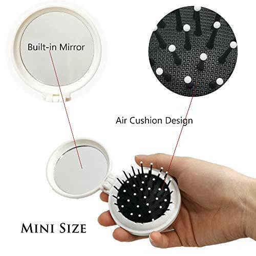 Unicorn Hair Brush, Mini Folding Hair Brush with Compact Makeup Mirror Wet Curly Long Frizzy Thick Coarse Hair Styling Volume Massage Comb Collapsible Portable for Women Girls Travel, Detangler Brush