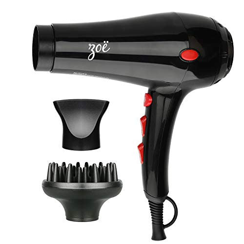 Zoe Professional 1875 Watt Blow Dryer, Ionic Tourmaline Ceramic Hair Dryer with Concentrator and Diffuser Attachments, Black