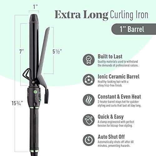 Professional Series Curling Iron 1 inch by MINT | Extra-Long 2-Heater Ceramic Barrel That Stays Hot. Hair Curler/Curl Former for Small to Medium Curls. Travel-Ready Dual Voltage.