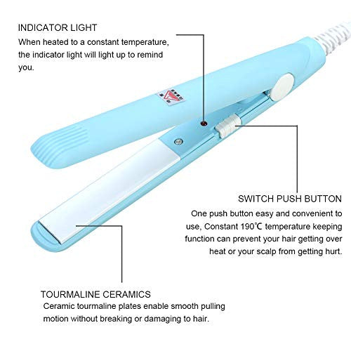 2 in 1 Mini Hair Straightener Ceramic Tourmaline Plate Beauty Flat Iron Heating Curler（4Colors ） (Sky blue beauty plug)