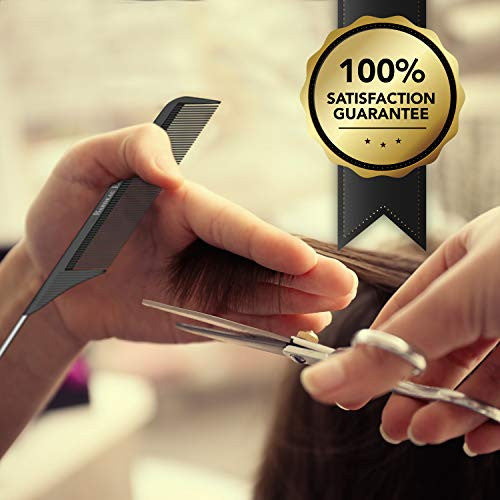 Peigne à queue professionnel de 8,8 pouces (paquet de 5) - Fibre de carbone noire et queue en acier inoxydable - Peigne taquin résistant aux produits chimiques et à la chaleur - Peigne à queue de rat léger pour tous les types de cheveux