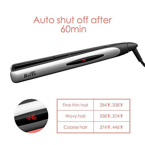 BERTA 1 Inch Ceramic Negative Ions Flat Iron, Professional Hair Straightener, Instant Heat with Adjustable Temperature 284-446℉, 360° Swivel Cord, 3D Floating Effect Panel Digital LCD Display, Silver