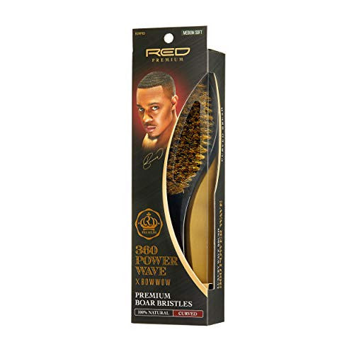 RED by KISS 360 Power Wave X Bow Wow Premium Boar Bristles 100% Natural Medium Soft (Curved Wave Brush - BORP03)