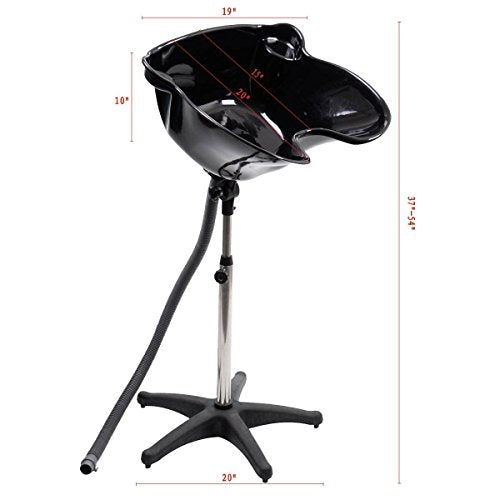 Giantex Shampoo Bowl with Height Adjustable Stand, Drain Hose, Portable Shampoo Sink for Washing Hair, Standing Salon Deep Shampoo Basin for Older Clients Kids Beauty Barber Stylist, Black