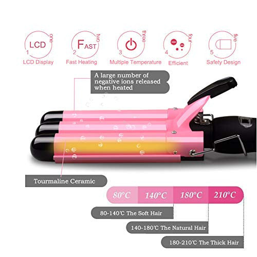 3 Barrel Tourmaline Wand Professional Large Beach Wave Curling Iron Salon Curlers with LCD Display and 13 Adjustable Temperature Control Ceramic Hair Heating Styling Tools Roller