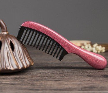 Myhsmooth Zb-yb-mt Wide Tooth Handmade No Static Black Buffalo Horn Comb with Violetwood Handle (Rounded)