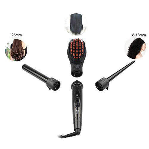3 in 1 Curling Iron Set Curling Wand with Hair Straightening Brush and 2 Interchangeable Curling Wand Ceramic Barrels & Heat Protective Glove