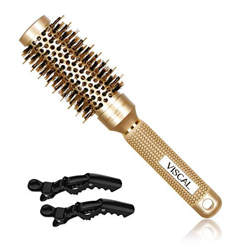 VISCAL Nano Thermal Ceramic & Ionic Round Hair Brush Large Round Hair Brush with Boar Bristle 2.4 inch, for Hair Drying, Styling, Curling, Adding Hair Volume and Shine, Gold Brown.