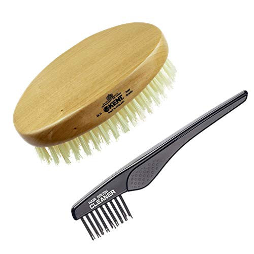 Kent MC4 5" Gentleman's Cherrywood Travel Size Oval Military Men Hairbrush. Pure White 1/2" Bristle+ Kent LPC2 Hair Brush Cleaner. Best Hair Care Kit for Men, 360 Wave Brush (MC4+LPC2)