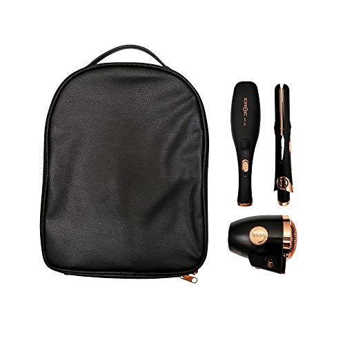 CROC Black & Rose Gold Plug In Travel Kit, 3 In 1 Styling Toolkit with Flat Iron, Hot Brush and Blow Dryer (3 Piece Travel Set)
