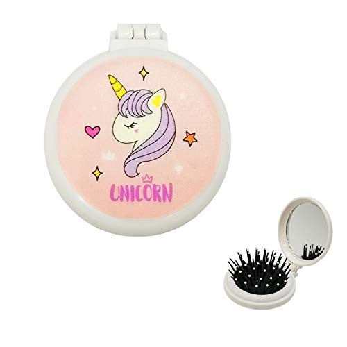 Unicorn Hair Brush, Mini Folding Hair Brush with Compact Makeup Mirror Wet Curly Long Frizzy Thick Coarse Hair Styling Volume Massage Comb Collapsible Portable for Women Girls Travel, Detangler Brush