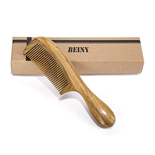 BEINY Natural Green Sandalwood Comb - Anti Static Wooden Hair Comb with Thickening Round Handle for Hair Health