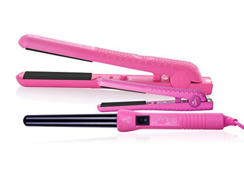 Herstyler Complete Flat Iron and Curling Iron Set - Dual Voltage Curler Straightener Set - Hair Curler and Straightener Pack for Salon Styled Tresses - Pink