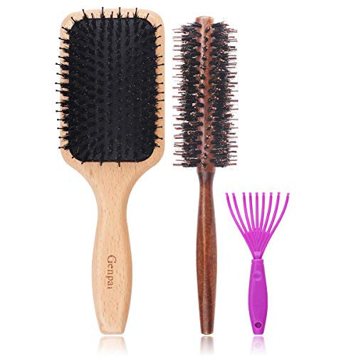 GENPAI Boar Bristle Hair Brush Square Air Cushion Massage Comb with Nylon Pins Bamboo Paddle Comb for Women and Men Improve Hair Quality and Increase Hair Shine Suitable for Any Hair