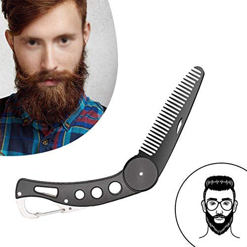 Peigne à barbe pliant en acier inoxydable, peigne à cheveux en métal fin à moyen antistatique multifonction portable pour le toilettage des hommes, le peignage des cheveux, la barbe et la moustache