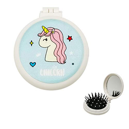 Unicorn Hair Brush, Small Round Pop Up Hair Brush with Compact Mirror Hair Massage Detangling Plastic Comb Blue Pocket Hairbrush Collapsible & Portable for Girls Women Makeup Travel, Fold Hair Brush