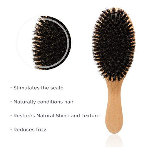 Natemia Ensemble brosse à cheveux et peigne en bois en poils de sanglier pour femmes, hommes et enfants – Idéal pour les cheveux fins et normaux – Ajoute de la brillance et améliore la texture des cheveux