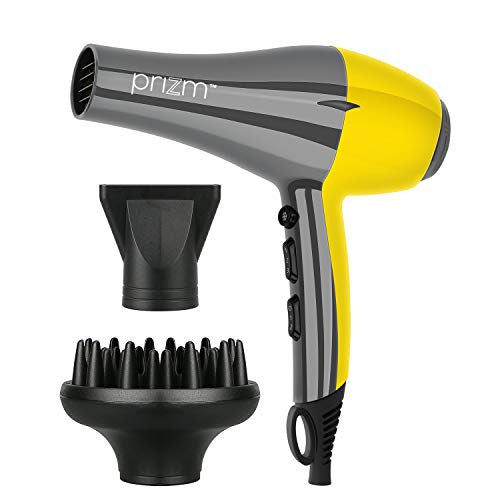 Prizm Professional Salon Grade Blow Dryer, Powerful 1600W Ceramic Tourmaline Hair Dryer with Large Diffuser and Concentrator, Gray/Yellow