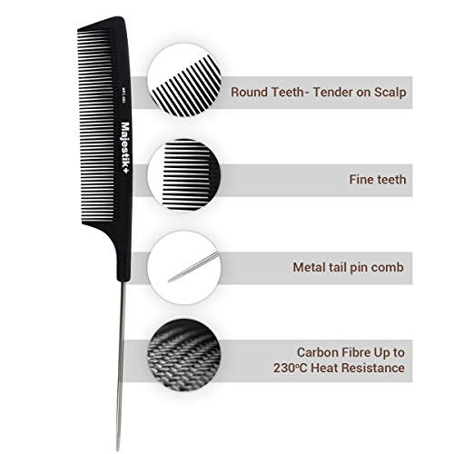 Majestik+ Hair Comb- A Professional Carbon Fibre Metal-Pin Tail Comb Strength & Durability, Fine Tooth, Black, With Bespoke PVC Product Pouch Metal-Pin Tail