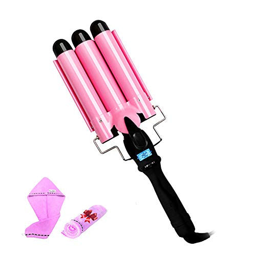 3 Barrel Tourmaline Wand Professional Large Beach Wave Curling Iron Salon Curlers with LCD Display and 13 Adjustable Temperature Control Ceramic Hair Heating Styling Tools Roller