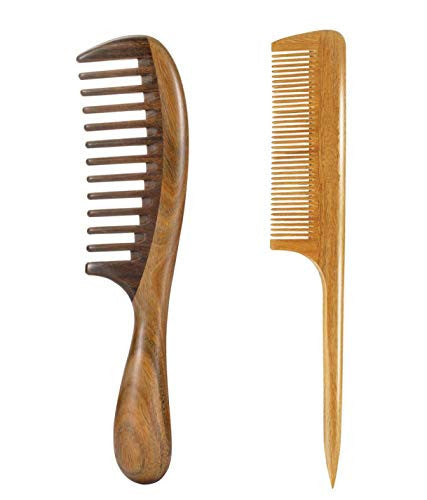 Louise Maelys 2pcs Wooden Wide Tooth Hair Comb Sandalwood Tail Comb for Curly Thick Hair Styling