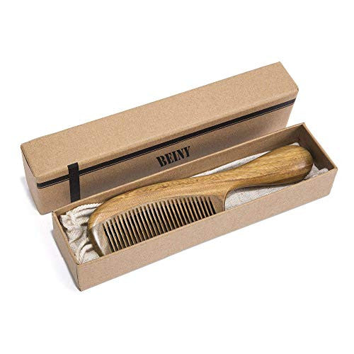BEINY Natural Green Sandalwood Comb - Anti Static Wooden Hair Comb with Thickening Round Handle for Hair Health