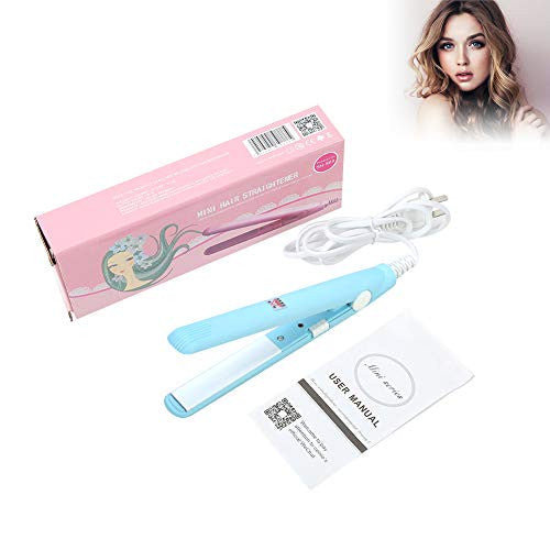 2 in 1 Mini Hair Straightener Ceramic Tourmaline Plate Beauty Flat Iron Heating Curler（4Colors ） (Sky blue beauty plug)