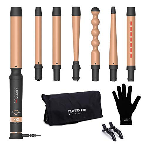 PARWIN BEAUTY Fer à friser 7 en 1, ensemble de baguettes à friser interchangeables, bigoudis à double tension, fers à friser à rayons infrarouges, avec gant résistant à la chaleur et pinces à cheveux. [Version améliorée]