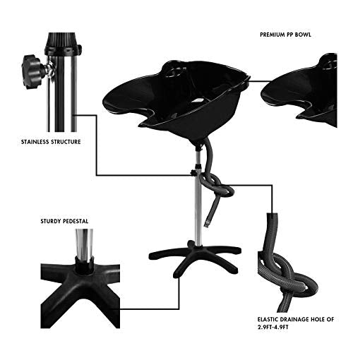 Giantex Shampoo Bowl with Height Adjustable Stand, Drain Hose, Portable Shampoo Sink for Washing Hair, Standing Salon Deep Shampoo Basin for Older Clients Kids Beauty Barber Stylist, Black