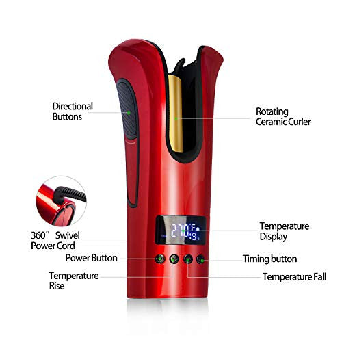 Yitrust Automatic Hair Curler Spin Curl 1" Ceramic Auto Curling Iron Machine Temperature Time Spiral 360° Rotating (Red)