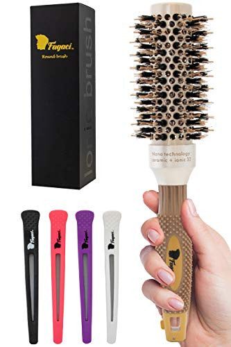 Fagaci Small Round Brush for Blow Drying with Natural Boar Bristle, Round Brush | Nano Technology Ceramic + Ionic for Hair Styling, Drying, Healthy Hair and Add Volume | Hair Brush + 4 Styling Clips