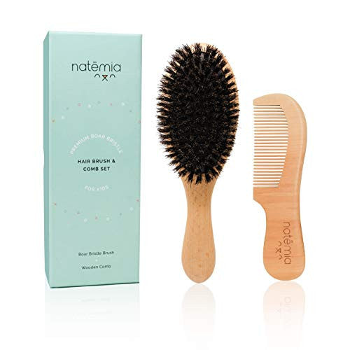 Natemia Boar Bristle Wooden Hair Brush and Comb Set for Women,Men and Kids - Ideal for Thin and Normal Hair - Adds Shine and Improves Hair Texture