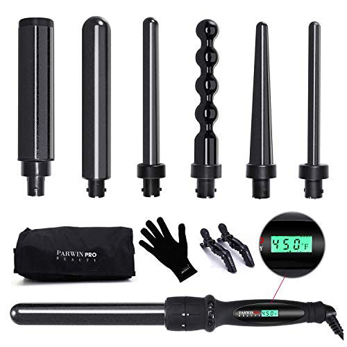 PARWIN PRO Ensemble de fer à friser 7 en 1, baguette à friser double tension avec 7 baguettes à friser en céramique diamant interchangeables avec contrôle de la température LCD, arrêt automatique, noir