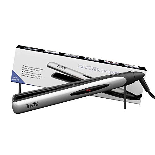 BERTA 1 Inch Ceramic Negative Ions Flat Iron, Professional Hair Straightener, Instant Heat with Adjustable Temperature 284-446℉, 360° Swivel Cord, 3D Floating Effect Panel Digital LCD Display, Silver