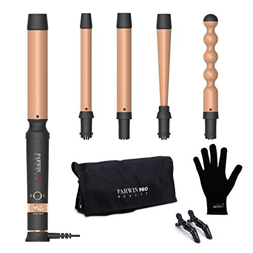 PARWIN Beauty Curling Wand Ensemble de fer à friser 5 en 1 avec 5 barils en céramique interchangeables de 0,5" à 1,25" Ensemble de baguettes à friser pour cheveux, Or rose