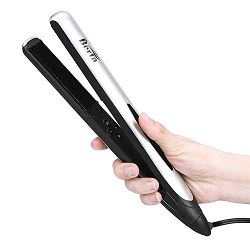 BERTA 1 Inch Ceramic Negative Ions Flat Iron, Professional Hair Straightener, Instant Heat with Adjustable Temperature 284-446℉, 360° Swivel Cord, 3D Floating Effect Panel Digital LCD Display, Silver